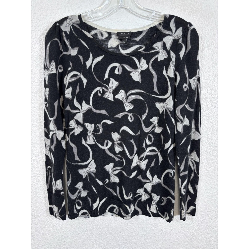 Talbots Sweater Womens Petite Small PS Black Bow Print Merino Wool Knit Top